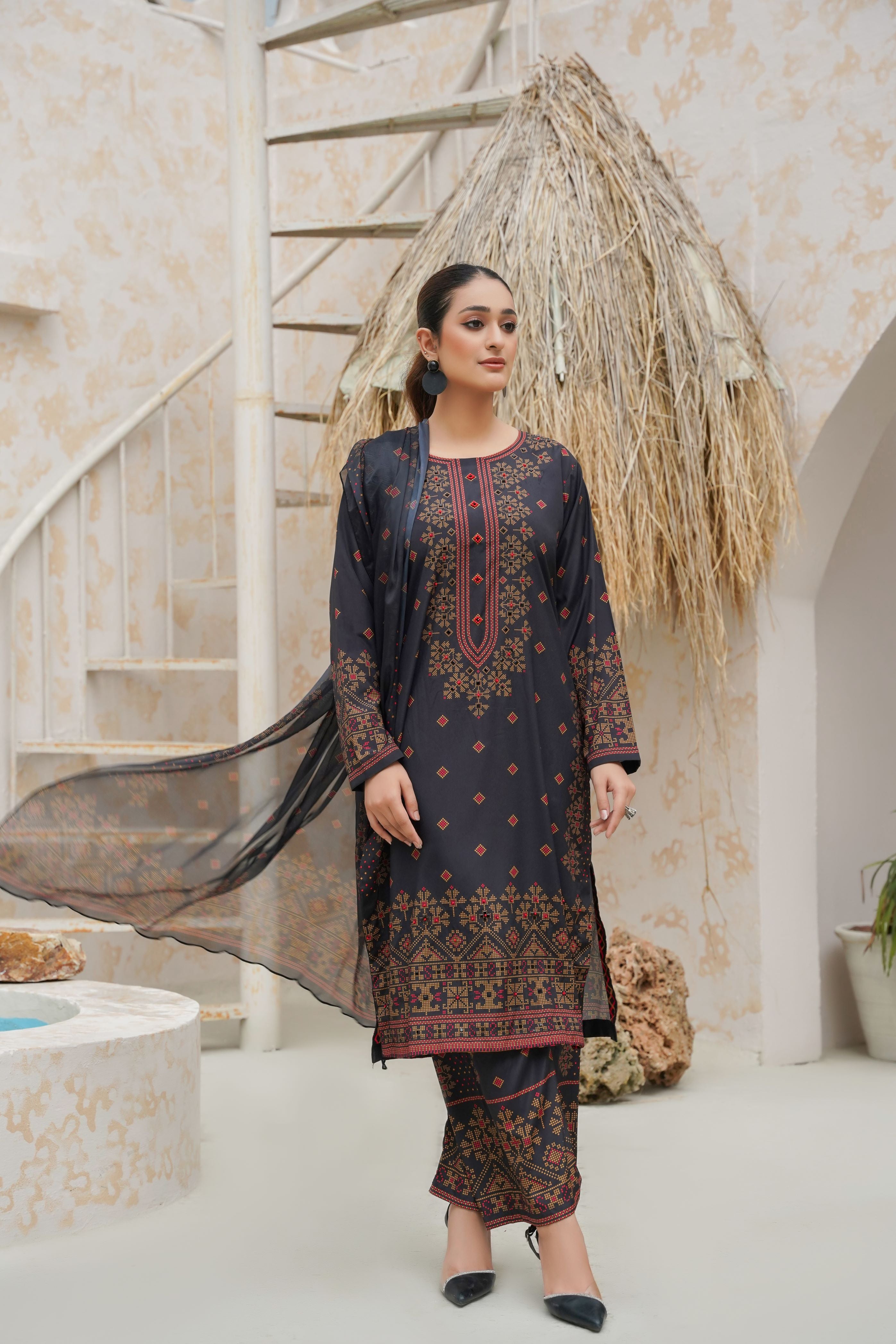 Black Ethnic Printed 3-Piece Stitched Suit Stone Hand Work on Printed Design-142