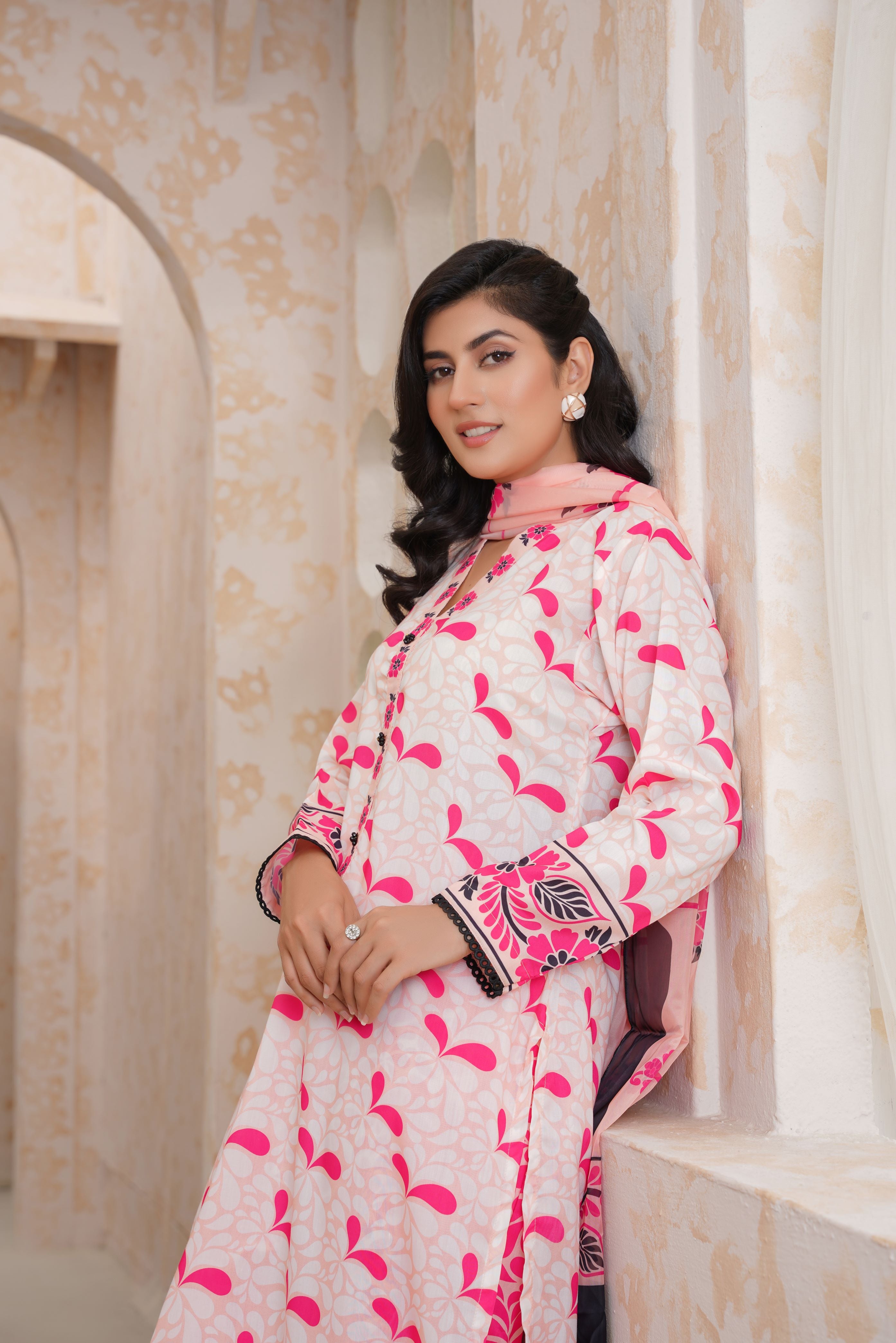 Elegant Stitched Pink Floral Soft Swiss Lawn 3 Piece Suit – SB- 152