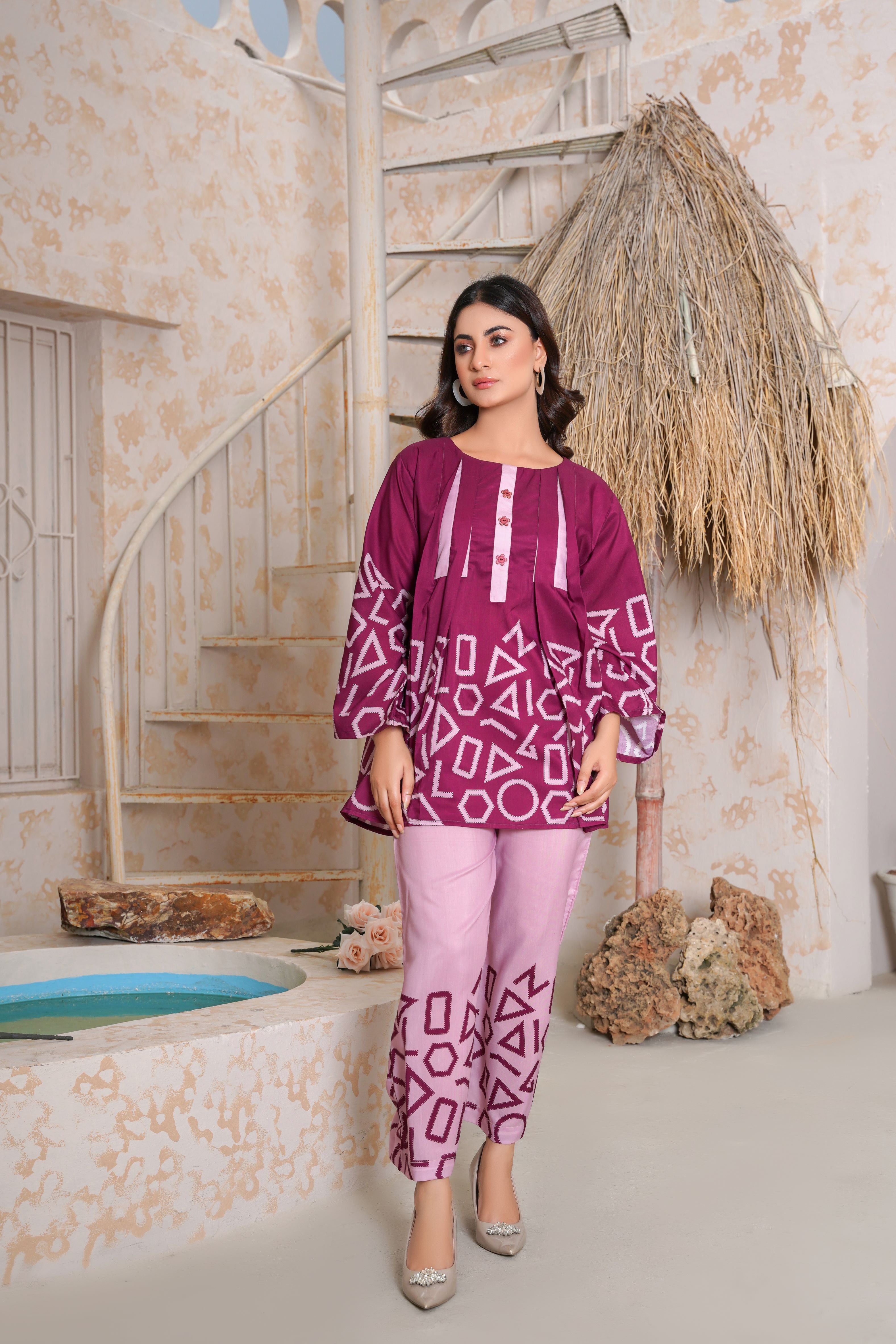Dark burgundy Geometric Stitched Print Kurti and Trouser Set SB-141